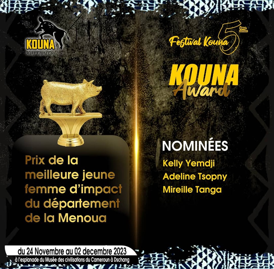 Festival Kouna, pour cette 5 ieme édition, les Femmes et les Hommes sont a l'honneur. Dans la catégorie Prix de la jeune femme d'impact du département de la Menoua, voici les nominés. Faites nous savoir votre choix en commentaire. #Menoua #FestivalKouna #Dschang #Femmedimpact
